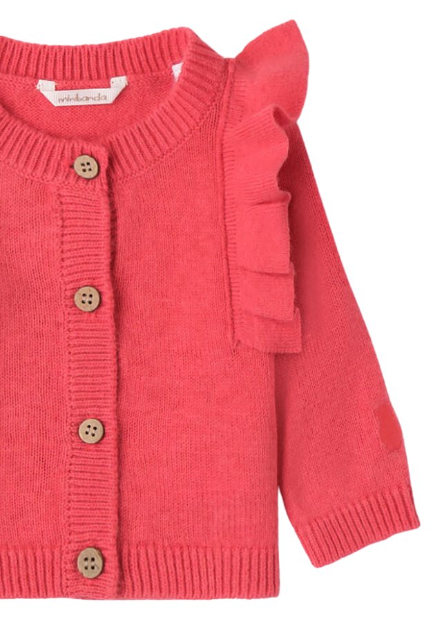 Cardigan Tricotat pentru Fetite, Rosu Corai cu Volane pe Umeri 7713 Minibanda - Camera Bebelusului