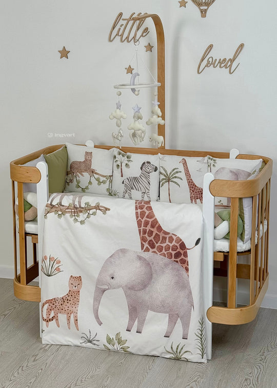 Set Protectie si Lenjerie Patut 7 Piese jungle alb cu verde si bej Afrika Ingvart