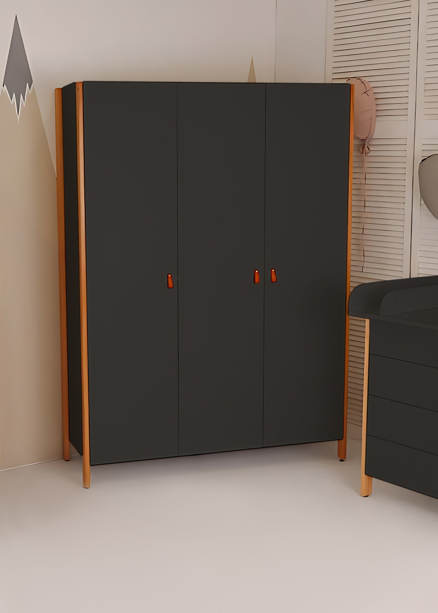 3-door Scandi wardrobe dark grey-natural