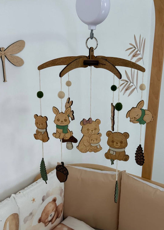 Carusel HandMade Muzical Din Lemn Cu Ursuleți Si Iepurași 674613 Ingvart