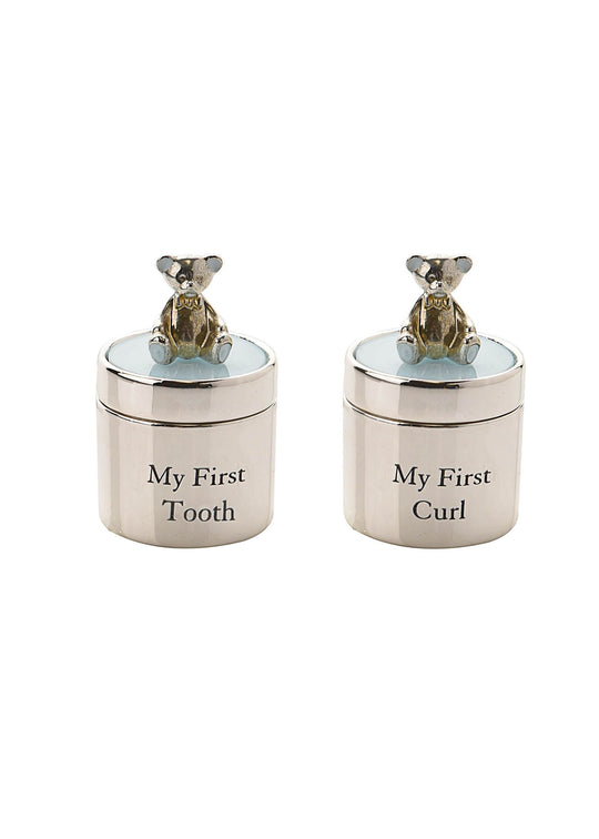 Set 2 casete argintate prima suvita si primul dintisor bleu cu urs CG532B Bambino by Juliana