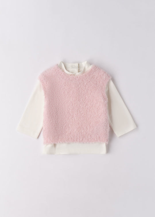 Set 2 Piese Fetite Bluza Crem Maneca Lunga si Vesta Tricotata Roz 3.F777/K1 Minibanda