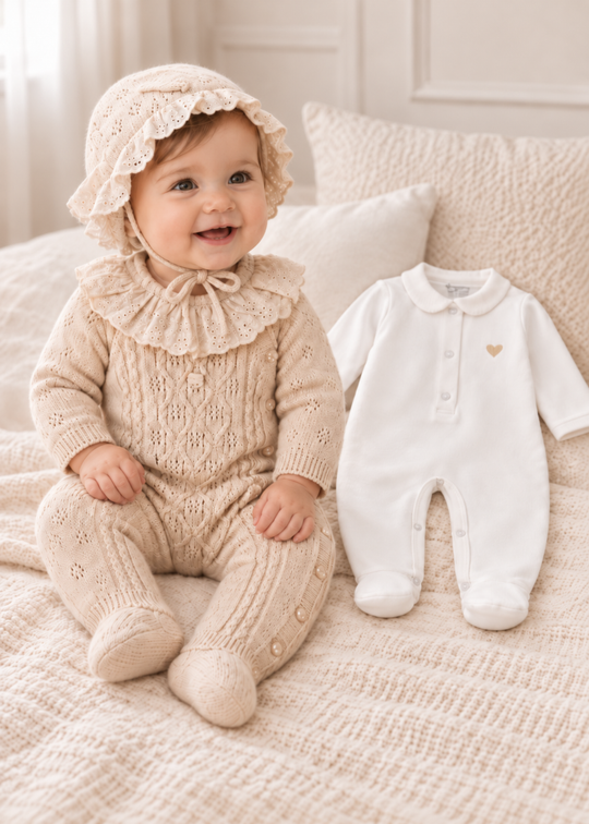 Set 3 Piese Tricotat Bej cu Salopeta din Lana Merinos pentru Fetite 9355 – Leo King