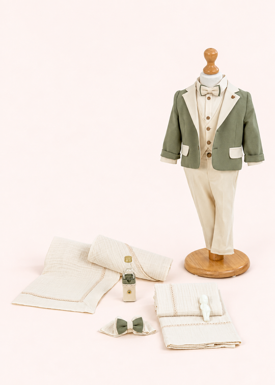 Set Botez Dima 2 Piese Costum Olive si Trusou Personalizat pentru Baieti – Dima | AnneBebe