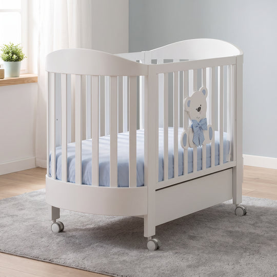 Baby cot Oval Tato Bleu Boys with mattress included Italian Design White Beech Wood 