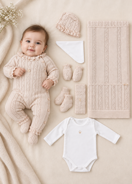 Set Nou-Nascut Tricotat Bej 8 Piese pentru Fete 3159 – Leo King