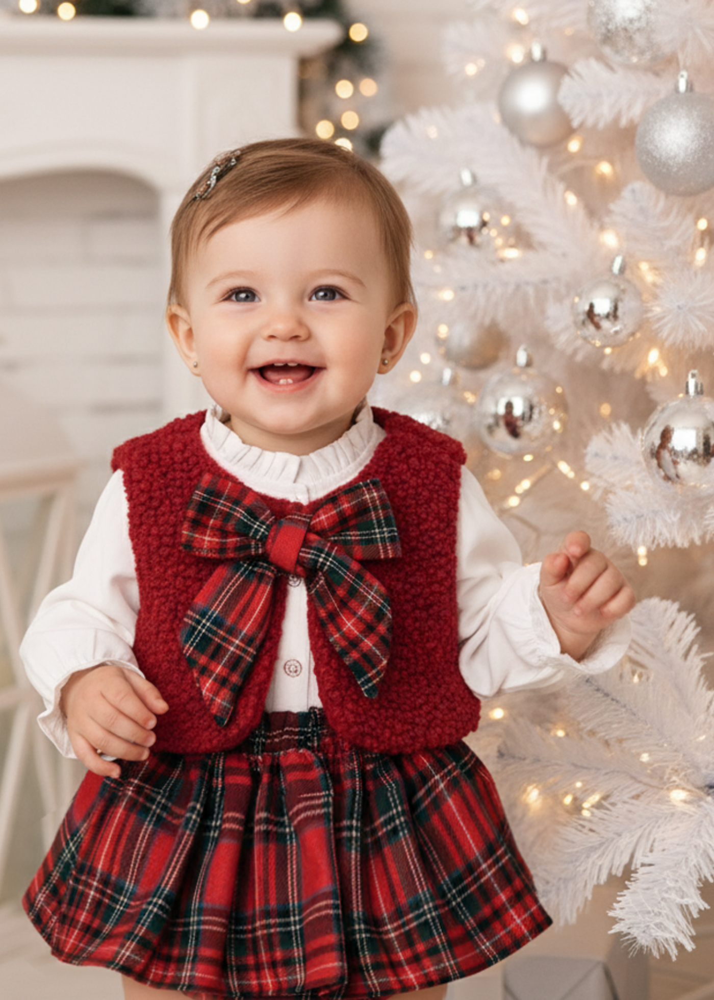 Set 3 Piese Camasa Alba Vesta Bucle Rosie si Chilotel cu Volan Ecosez 3765 Mino Baby