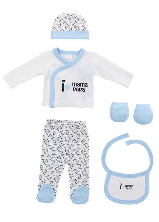 Set Nou Nascut 5 Piese Alb-Bleu Mama-Papa SET23 Interbaby
