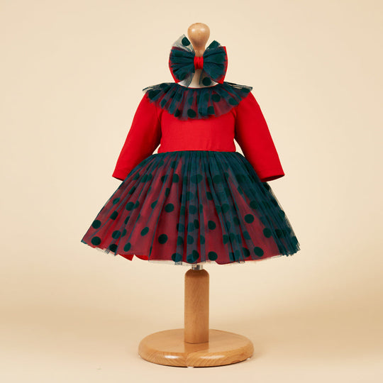 Rochita Eleganta Maneca Lunga Fetite Rosie Fusta Tull Verde Buline Anne Bebe