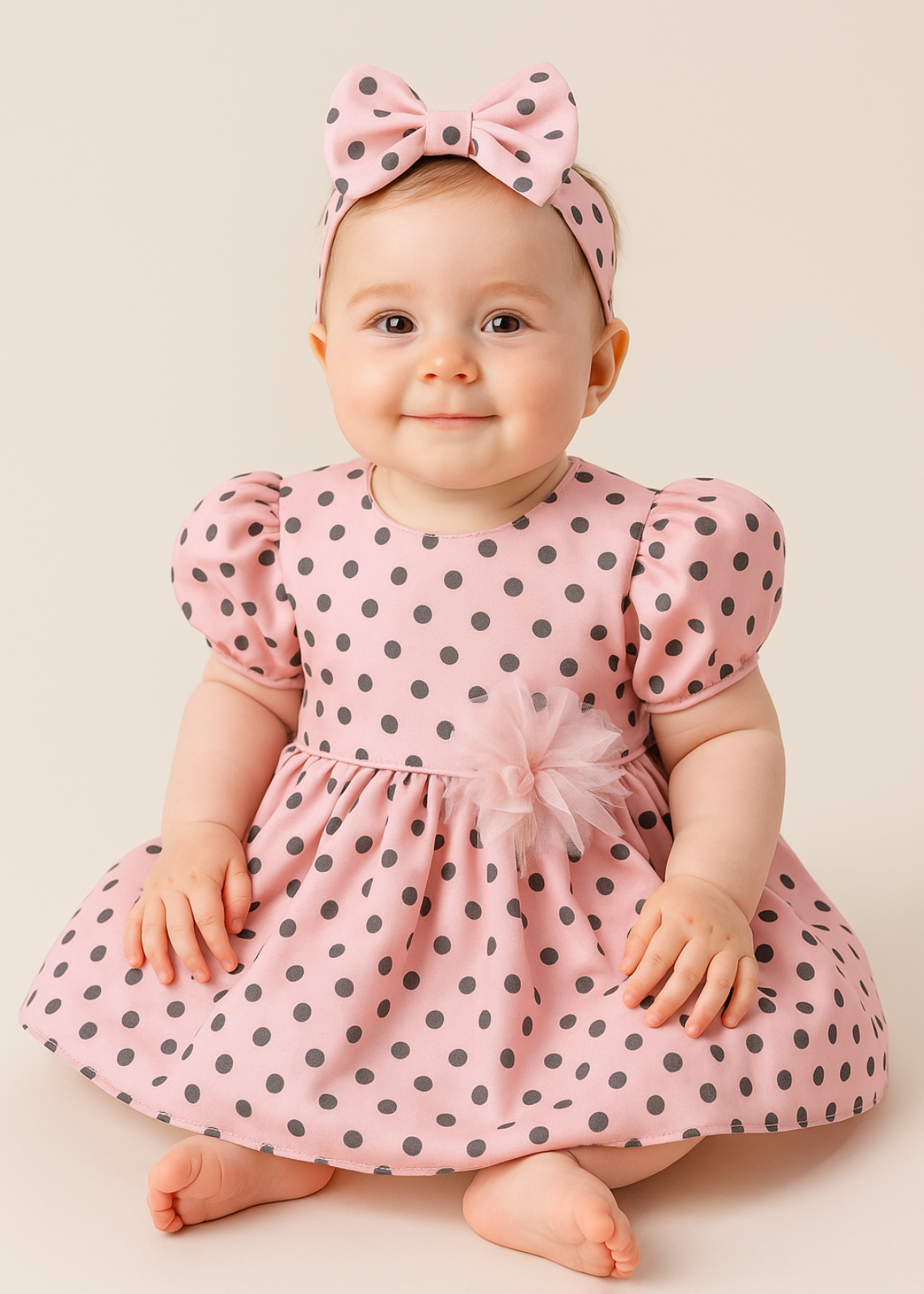 Elegant Pink Silk Dress with Black Polka Dots AnneBebe