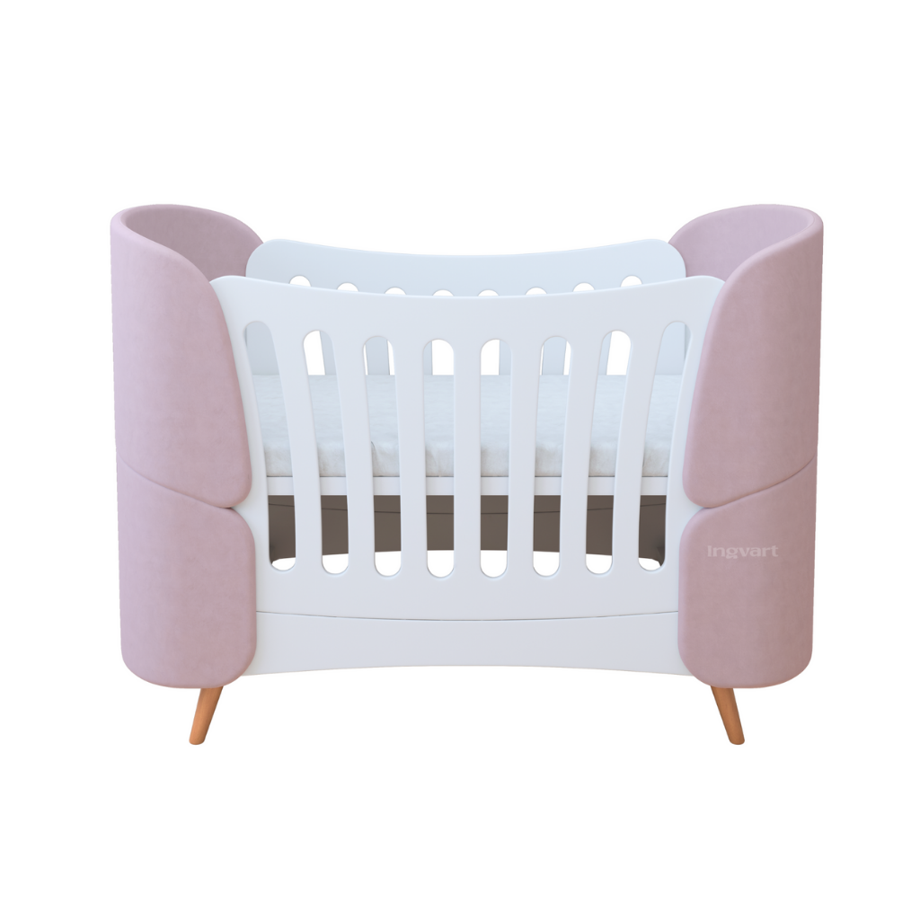 Premium Oval Convertible Crib 6 in 1 Fly White with Padded Velvet Headboards Ingvart 
