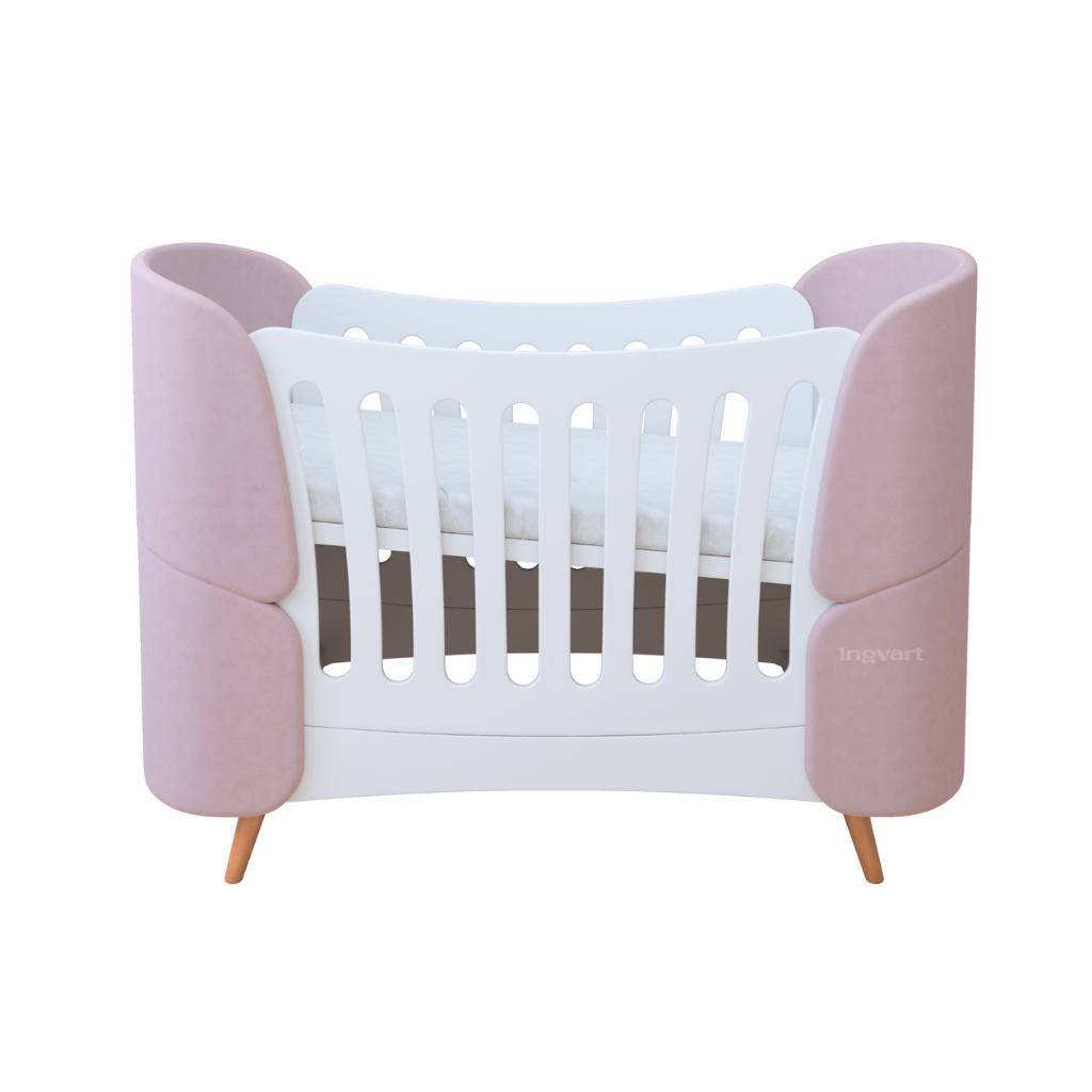 Premium Oval Convertible Crib 6 in 1 Fly White with Padded Velvet Headboards Ingvart 