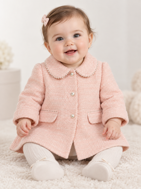 Palton Fete Elegant Stofa Roz Cu Perle AnneBebe