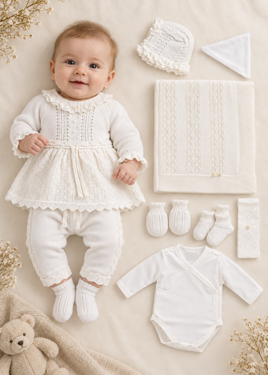 Set Nou-Nascut Tricotat Alb din Bumbac, 7 Piese, pentru Fete 3165 – Leo King