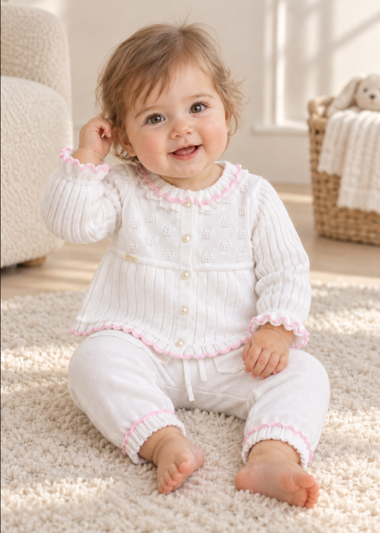 Set 3 Piese Tricotat Alb cu Roz pentru Fete 8506/4 – Leo King