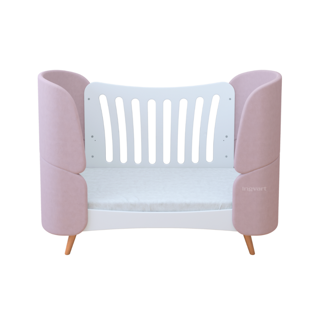 Premium Oval Convertible Crib 6 in 1 Fly White with Padded Velvet Headboards Ingvart 