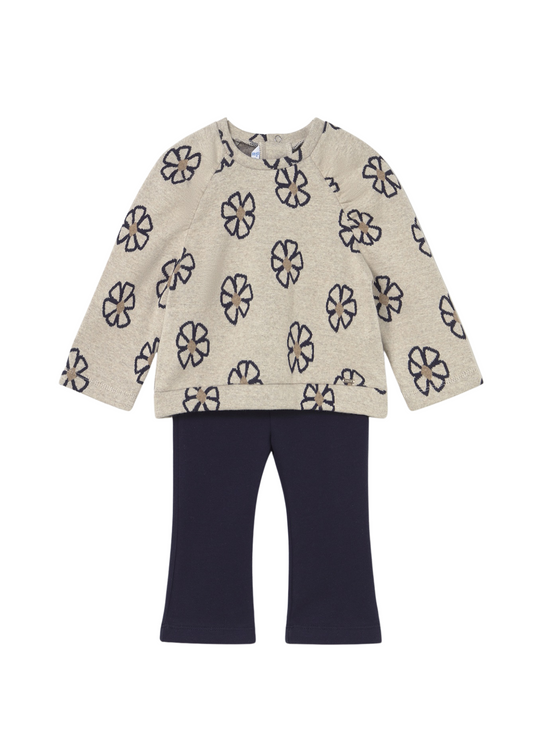 2-Piece Set Beige Blouse with Flowers and Navy Blue Flared Leggings 2742 Mayoral
