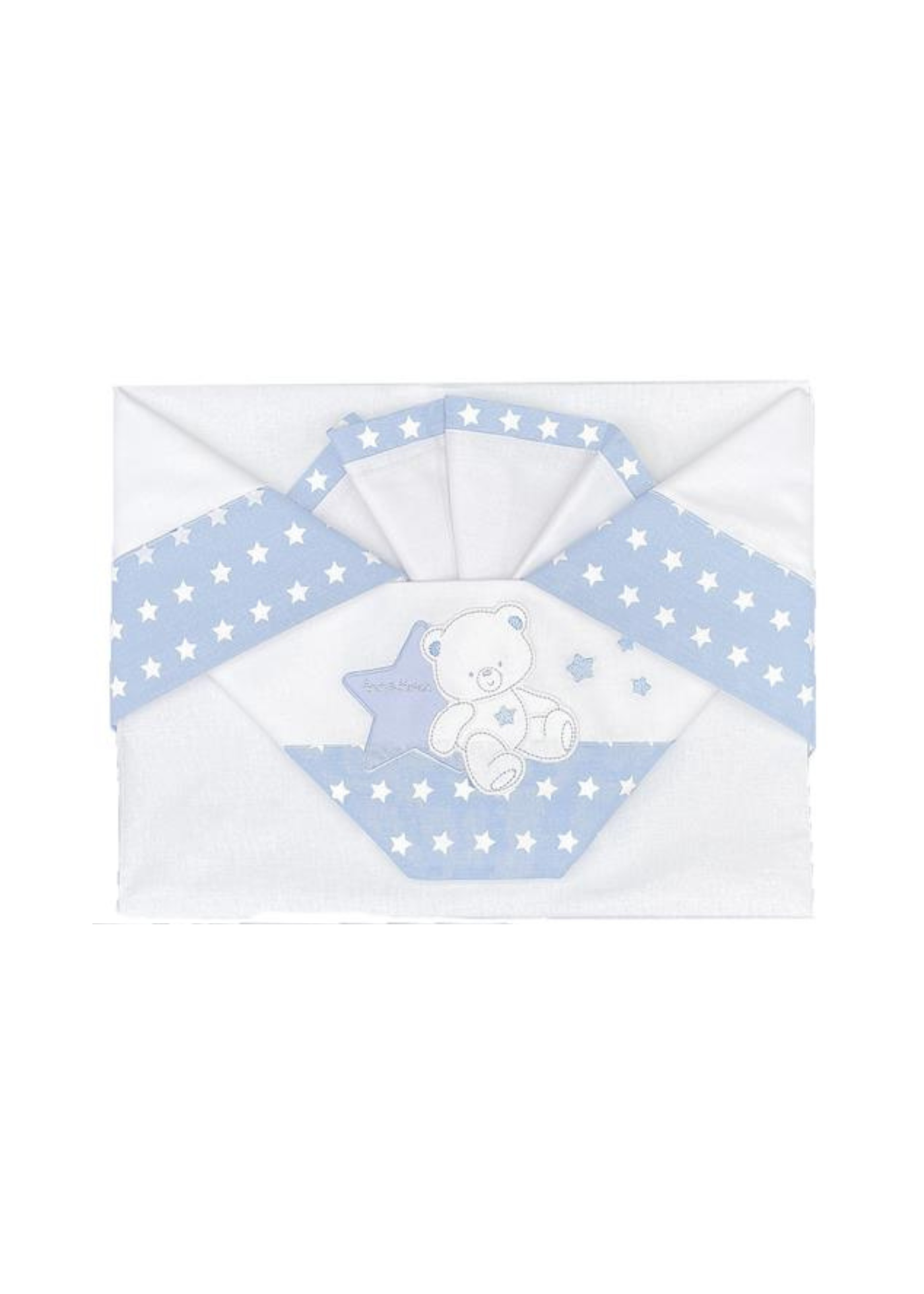 Set Lenjerie Patut 3 Piese Alb-Bleu cu Ursulet si Stelute D50 Andy&Helen