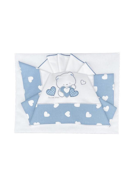 Set Lenjerie Patut 3 Piese Alb-Bleu cu Ursulet si Inimioare D70 Andy&Helen