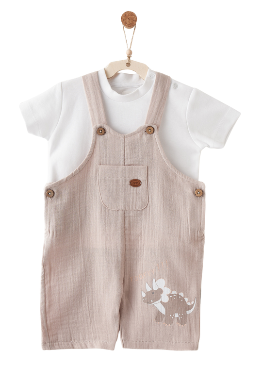 Set 2 Piese Tricou Alb si Salopeta Scurta Bej din Muselina AC26736 Andywawa