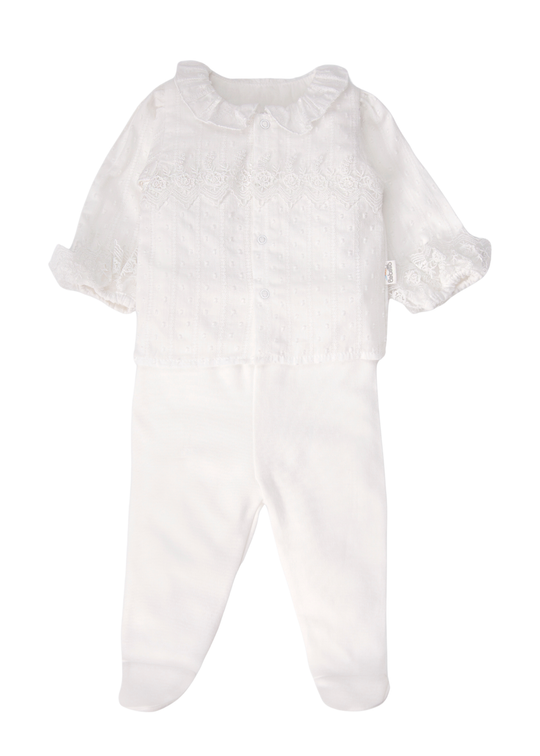 Set de Pijama din 2 Piese: Bluza cu Guler, Volanas si Broderie si Pantaloni cu Botosei Crem, pentru Fetite F1546 – Bebetto