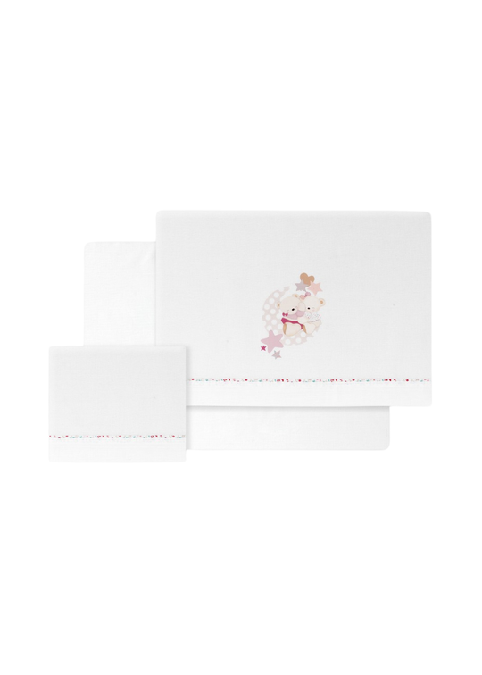 Set Lenjerie Patut 3 Piese Alba cu Ursuleti Imbratisati Roz 03349-12 – Interbaby