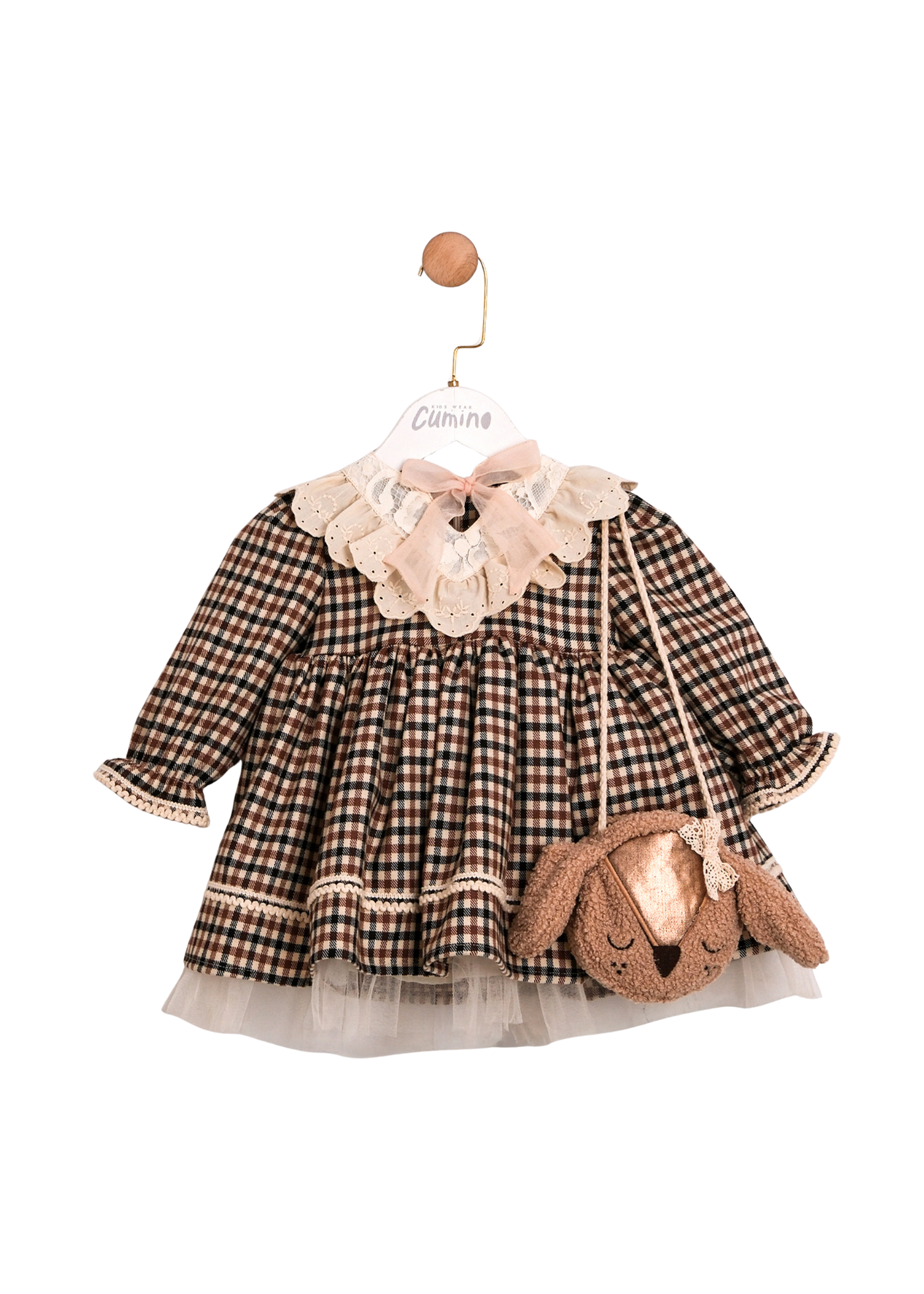 Rochie cu Maneca Lunga Carouri Maro cu Bej si Gentuta Caprioara 3734 Mino Baby