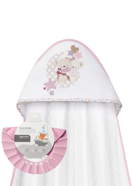 Prosop cu Capison Alb 100x100 cm+Protectie Cap cu Ursuleti Imbratisati Roz 01279-12 – Interbaby