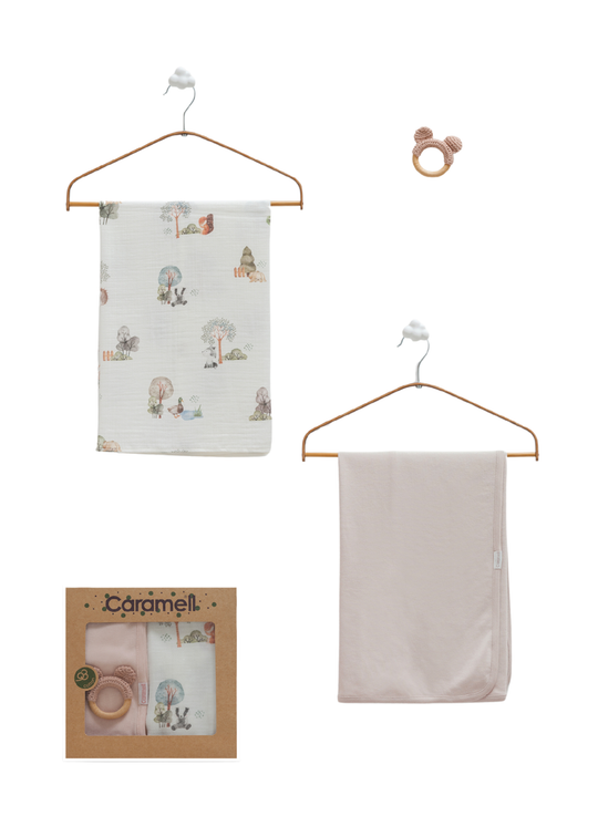 Set 3 Piese Pled din Bumbac, Pled Muselina si Jucarie Bej BTU2467 Mell Sweet Baby