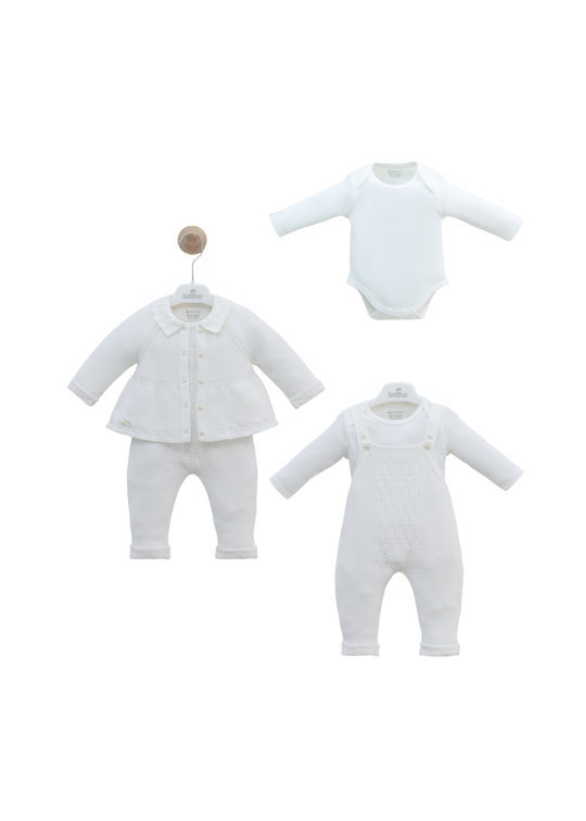 Set 3 Piese Salopeta Lunga si Cardigan Tricotat Alb si Body din Bumbac 7458 Leo King