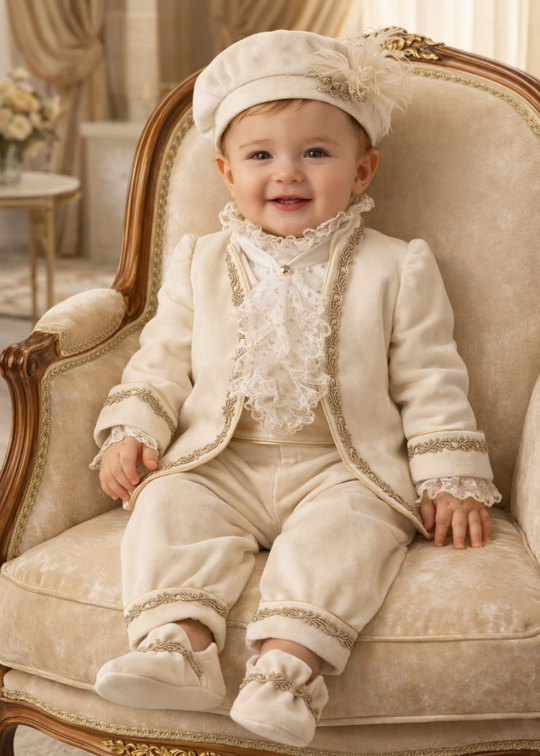 Costum Lord Elegance Catifea Capucino Cu Banda Dantela Aurie AnneBebe