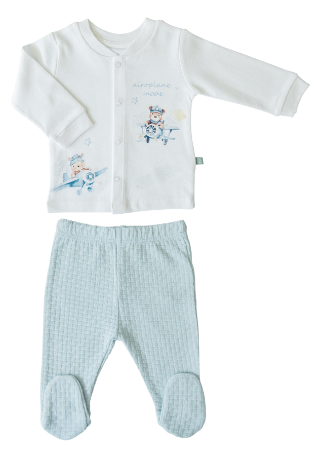 Set 2 Piese Crem cu Bleu cu Urs Bluza cu Pantaloni din Bumbac Organic S41084 KitiKate