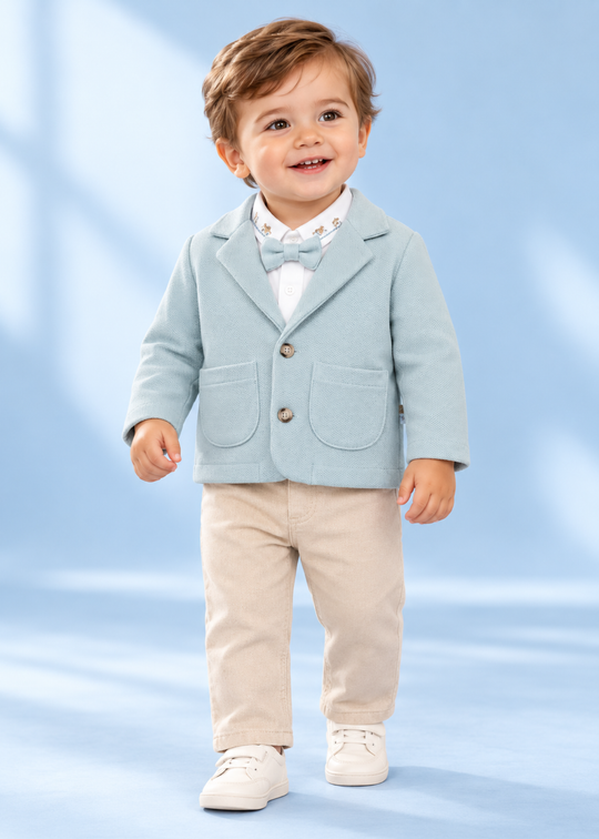 Set 3 Piese cu Sacou Bleu si Pantaloni Lungi Bej pentru Baieti 4640 – MyMio