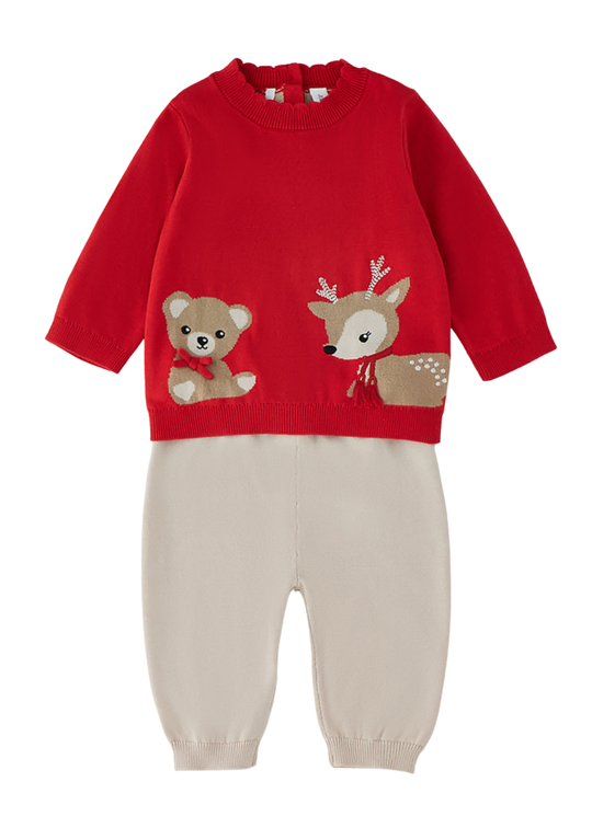Set Tricotat din Bumbac, din 2 Piese, cu Imprimeu Ren, pentru Fete – Minibanda