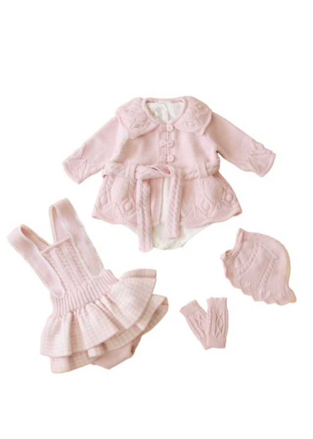 Set 5 Piese Sarafan si Cardigan Roz din Lana Merinos Bluza Crem Jambiere si Caciula 9561 Leo King