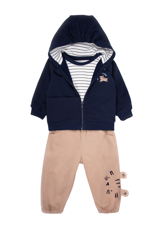 Set de 3 Piese: Cardigan cu Gluga si Broderie cu Tigru, Bluza in Dungi si Pantaloni Maro pentru Baieti K5511 – Bebetto