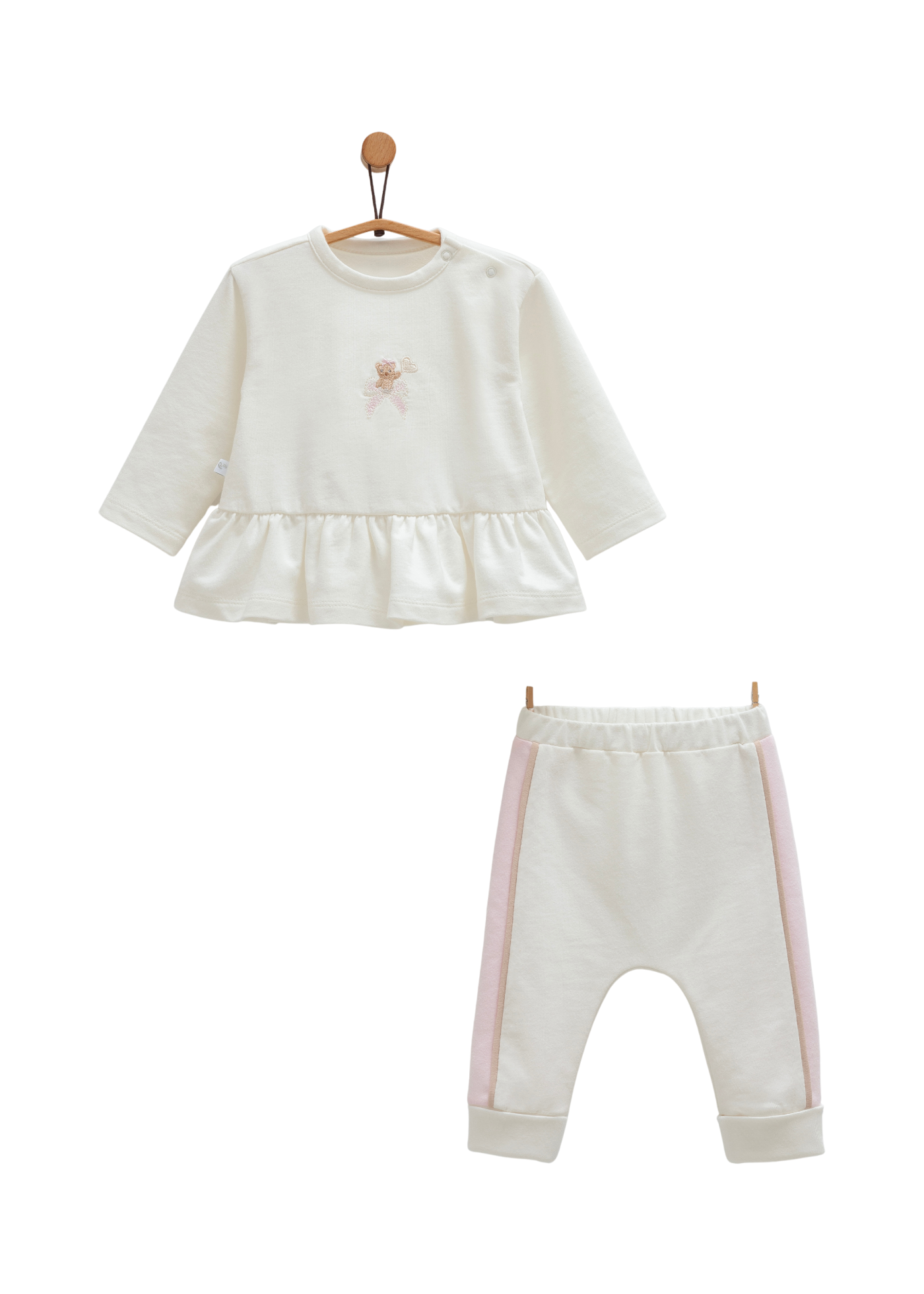 Set 2 Piese Bluza Crem cu Maneca Lunga cu Urs si Pantaloni Lungi cu Dunga Roz TKK1400 Mell Sweet Baby