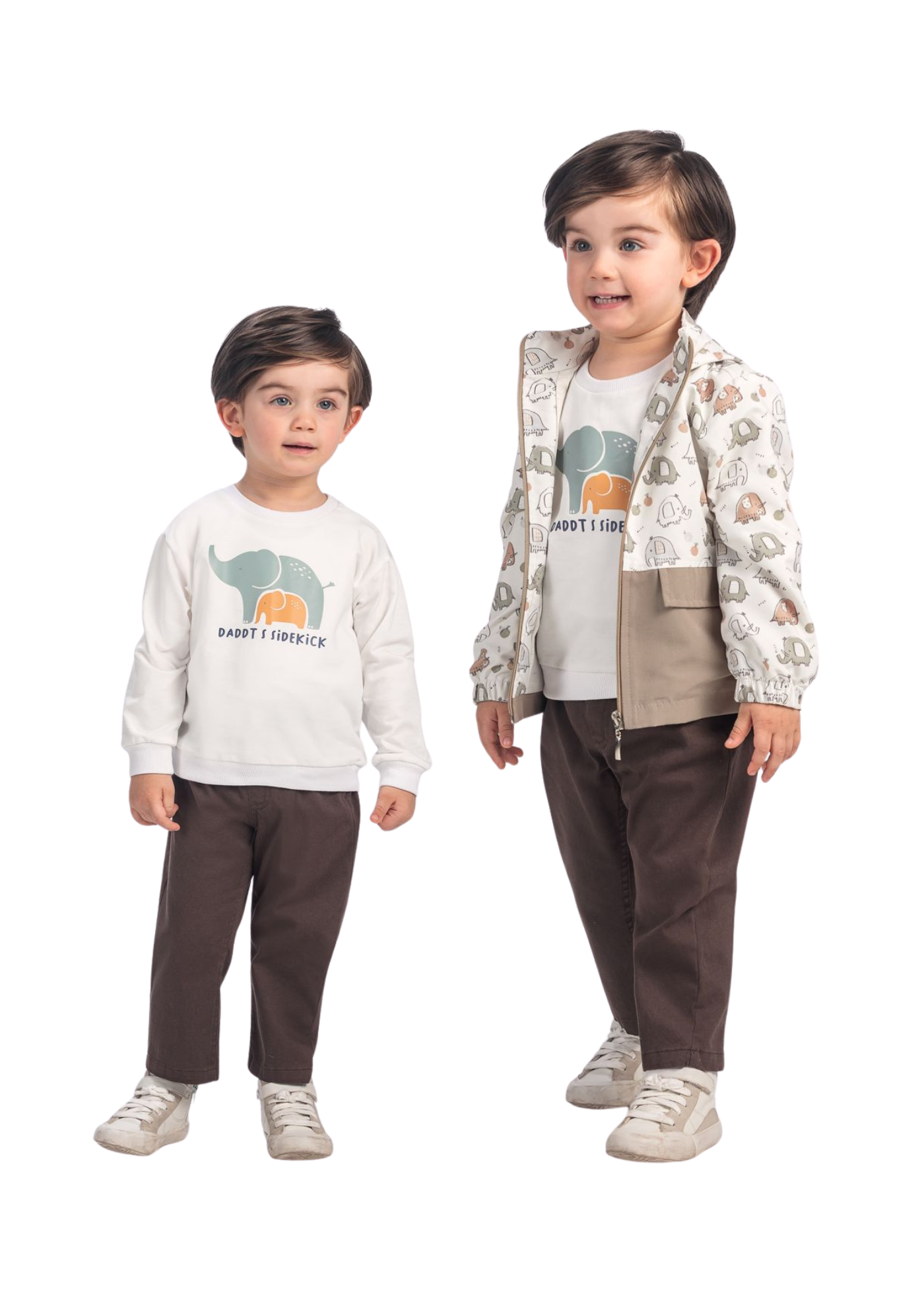 Set 3 Piese Geaca si Bluza Crem cu Verde Imprimeu Elefanti si Pantaloni Lungi Maro 16263 Bebus