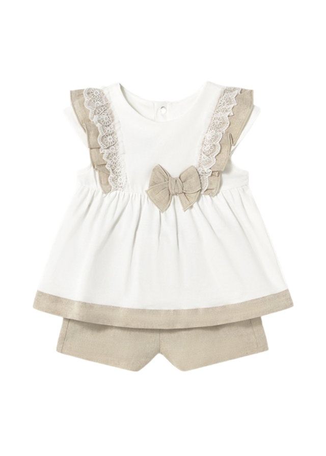 Set 2 Piese Top si Pantaloni Scurti din In cu Bumbac Crem cu Bej 1236 Mayoral