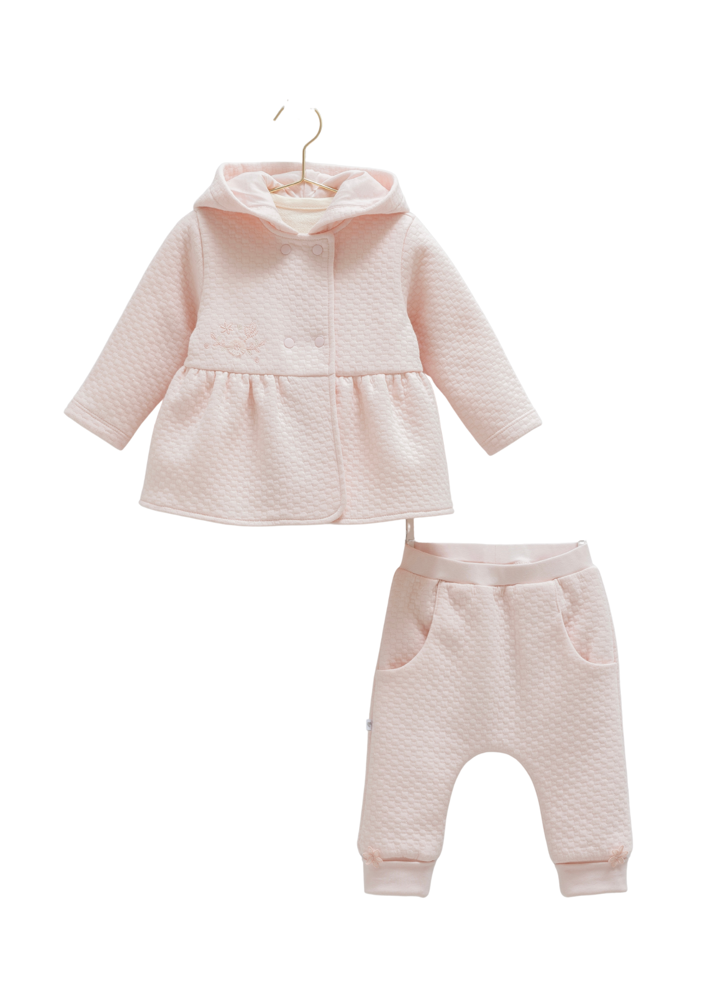 Set 3 Piese Bumbac Jacheta cu Gluga si Capse si Pantaloni Lungi Roz si Bluza Crem TKK2032 Mell Sweet Baby