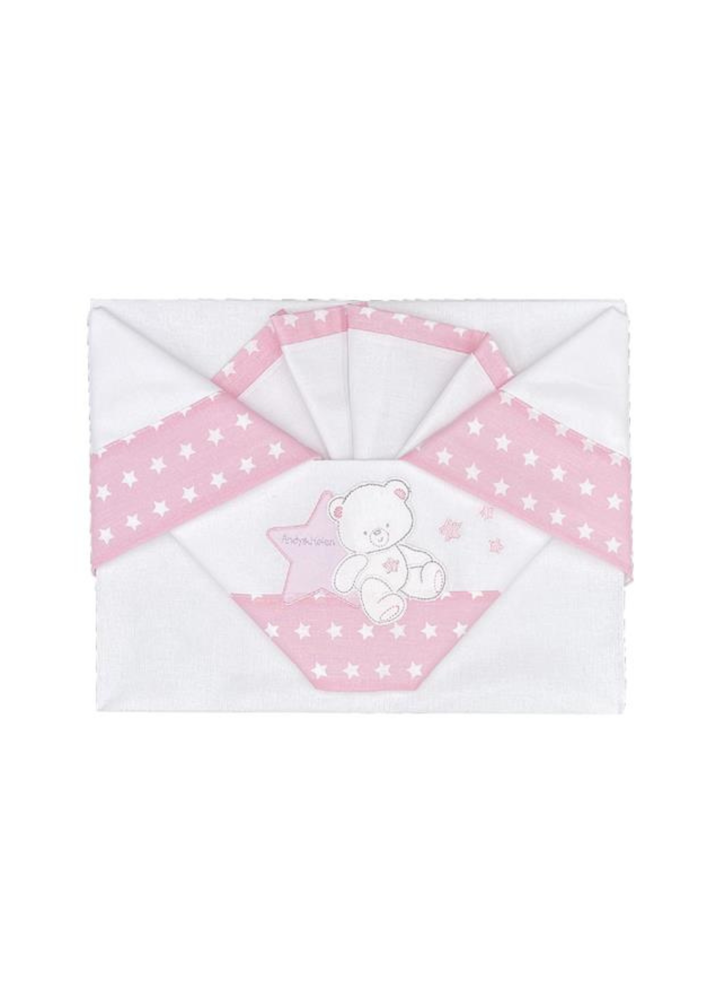 Set Lenjerie Patut 3 Piese Alb-Roz cu Ursulet si Stelute D50 Andy&Helen