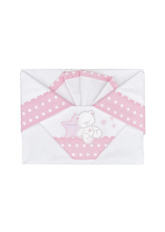 Set Lenjerie Patut 3 Piese Alb-Roz cu Ursulet si Stelute D50 Andy&Helen
