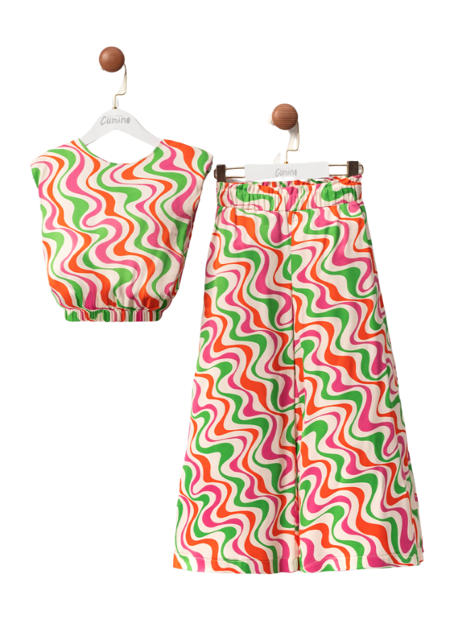 Set 2 Piese, Top fara Maneci si Pantaloni Lungi Largi cu Imprimeu Roz Verde si Portocaliu 3450 Mino Baby