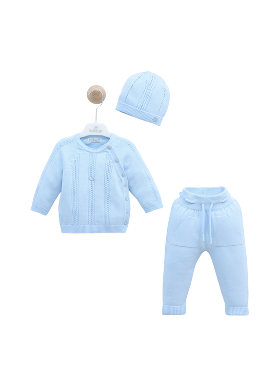 Set 3 Piese Tricotat Bleu Bluza, Pantaloni si Fes 8546 Leo King