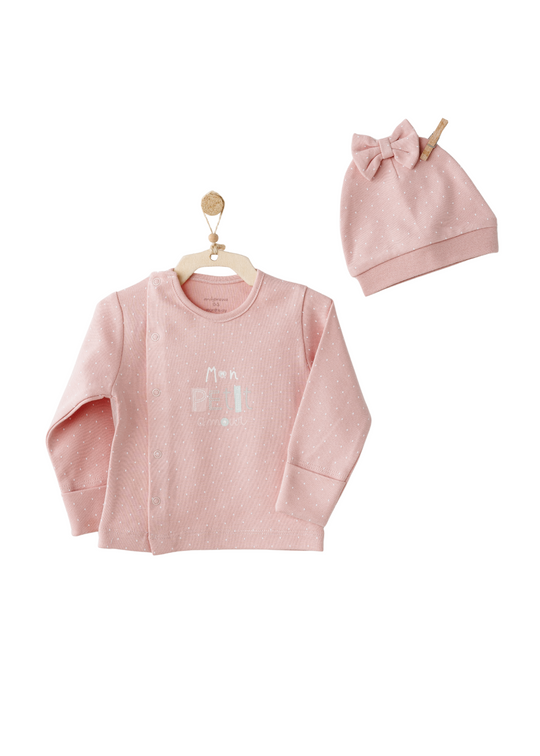 Set 3 Piese Bluza Roz cu Picouri, Pantaloni Lungi Crem si Fes Ac26086 Andywawa