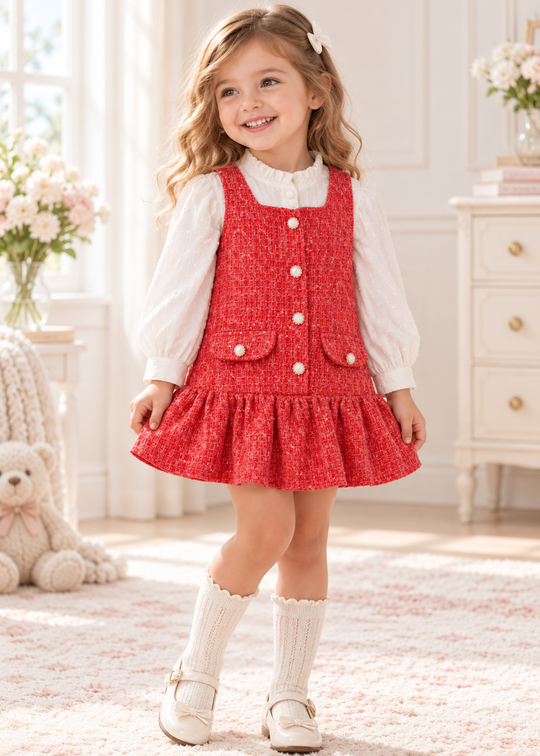 Set 2 Piese Sarafan Rosu din Stofa Buclé cu Paiete si Camasa Alba cu Guler Volan pentru Fete 3949 – MinoBaby