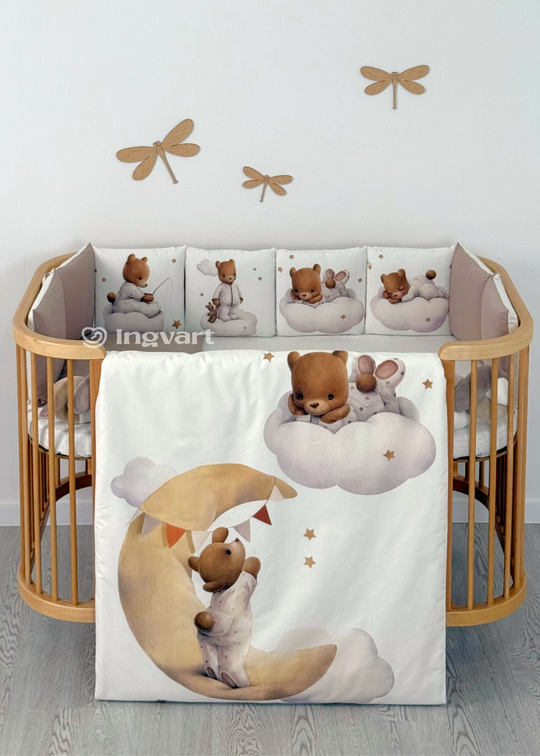 Set Lenjerie Patut 7 Piese Alba cu Imprimeu Ursuleti - Follow your dream - 70x120 cm - INGVART