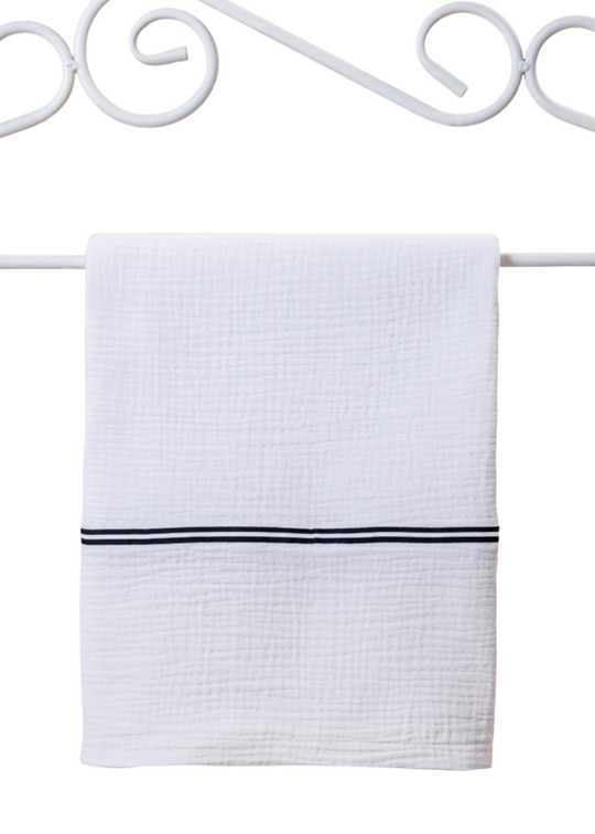 White Muslin Cotton Blanket With 2 Navy Blue Stripes 80x85cm AnneBebe