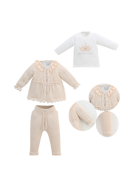 Set 3 Piese Cardigan si Pantaloni Tricotate Bej si Bluza din Bumbac 8557 Leo King