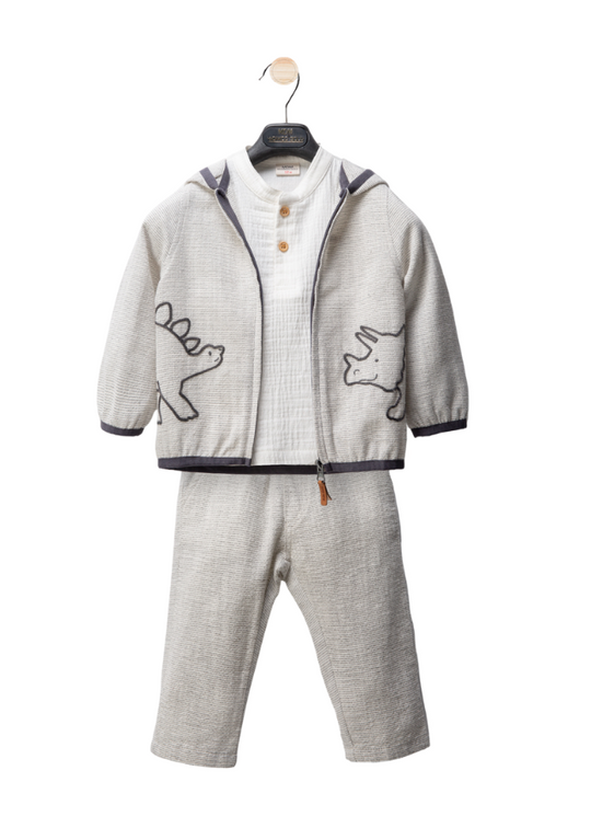 3 Piece Set Hooded Jacket with Dinosaurs and Long Pants Gray Muslin Blouse M54195 Midimod Gold